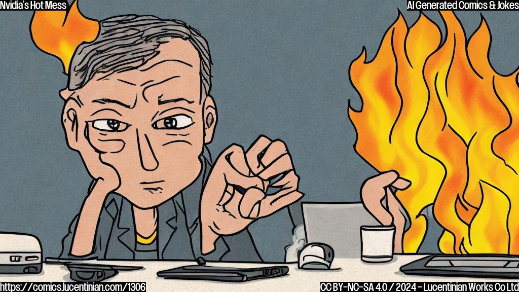 Draw a cartoon of a person with a worried expression, sitting on a therapist's couch next to a computer screen displaying a GPU overheating, surrounded by flames and smoke.