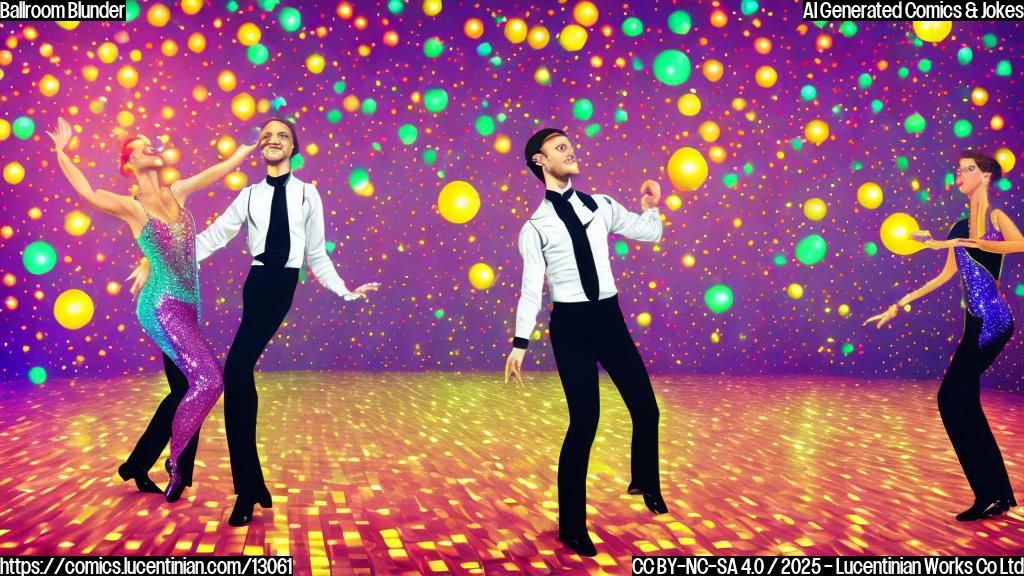 a plain color cartoon style picture of a confused ballroom dancer, wearing a sequined outfit, struggling to carry a large ladder onto a brightly lit dance floor with disco balls hanging from the ceiling.