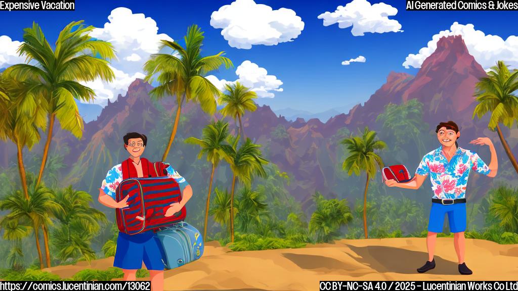 Cartoon style image of an international tourist, wearing a Hawaiian shirt and carrying an overflowing suitcase labeled "$100 Entrance Fee", standing in front of a generic mountain range representing a National Park. The sky is blue and sunny.