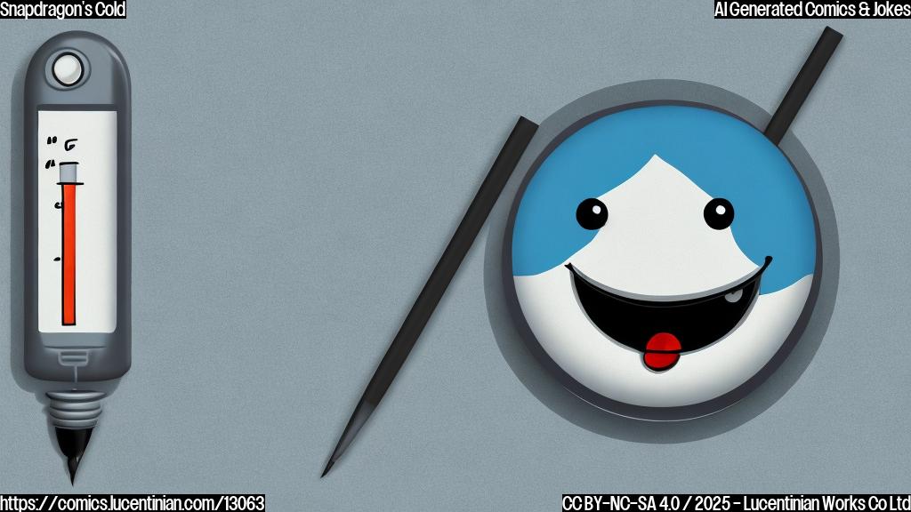 Draw a sad, light gray cartoon chip with a thermometer in its mouth. The background is a plain light blue.