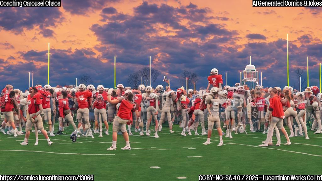 A plain color cartoon style image of a college football team standing on a football field looking confusedly at a brightly colored carousel that has been placed in the middle of the field. The sun is setting in the background.