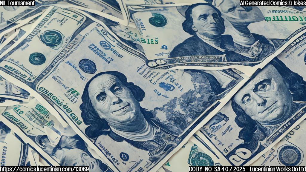 A simple cartoon of two teams in basketball uniforms, one team looking victorious with dollar signs floating around them, the other team looking dejected but still holding a smaller pile of dollar bills. Background is a plain blue.