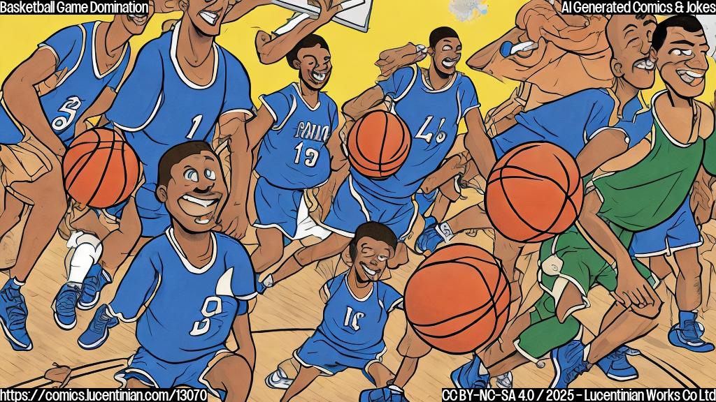 a plain color cartoon style picture of a basketball team with happy faces, one of the players is operating a small steamroller, flattening a basketball with a sad face