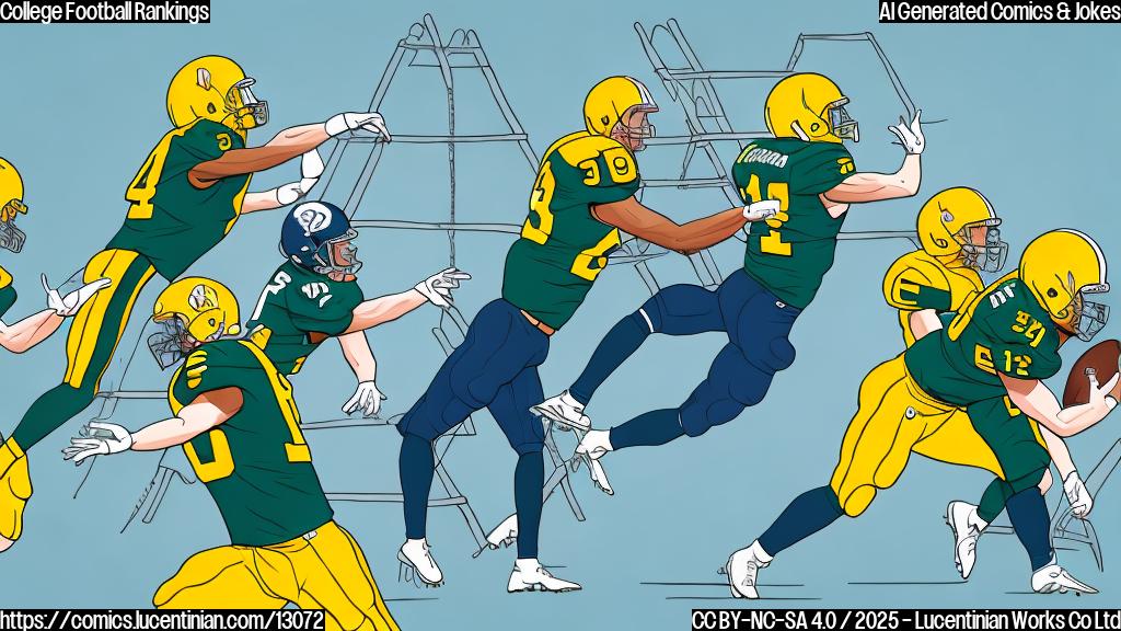 A cartoon image of a group of football players, wearing jerseys in shades of green and yellow, struggling to carry a comically oversized ladder. The background is a plain, light blue color. The style is simple and cartoonish, with thick outlines.