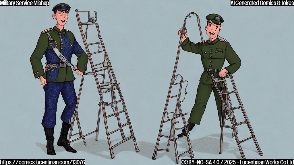 A simple cartoon image depicting a young person wearing a slightly oversized military uniform, attempting to carry a comically large ladder. The background is a plain, light blue color. The style is minimalistic and brightly colored.