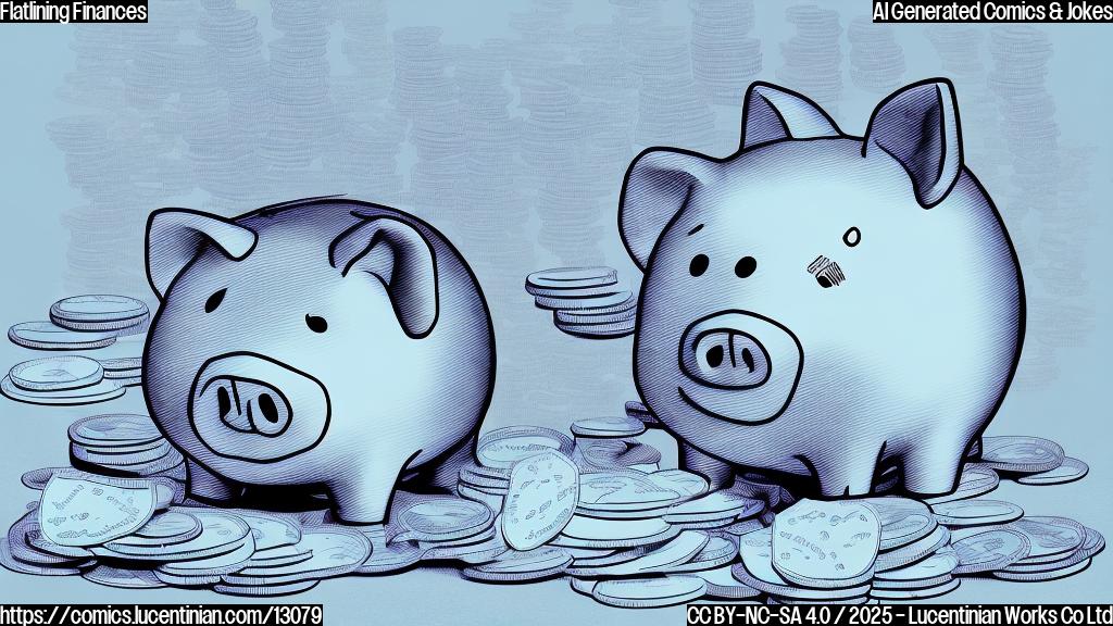 Cartoon drawing of a sad-looking piggy bank with a completely flat line representing its savings. The background is a plain light blue.