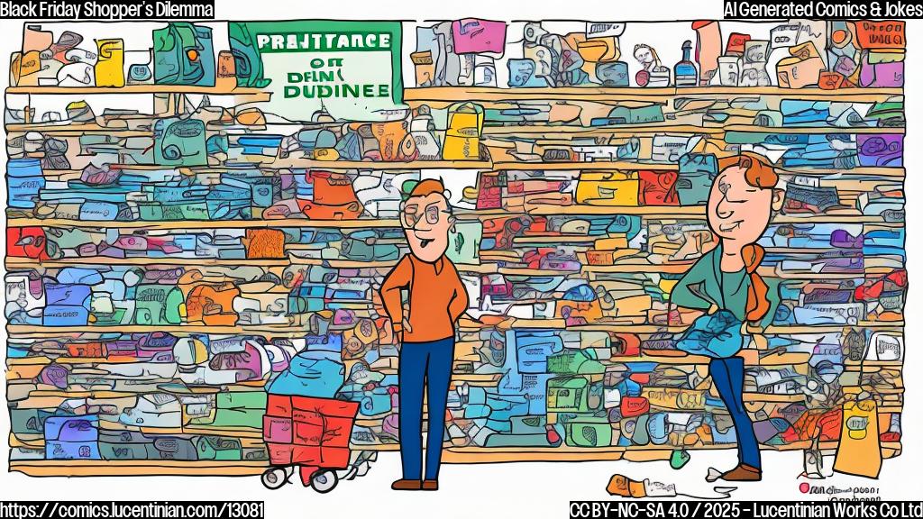 a confused person standing in front of a mountain of products with price tags showing both original and discounted prices, cartoon style, plain colors