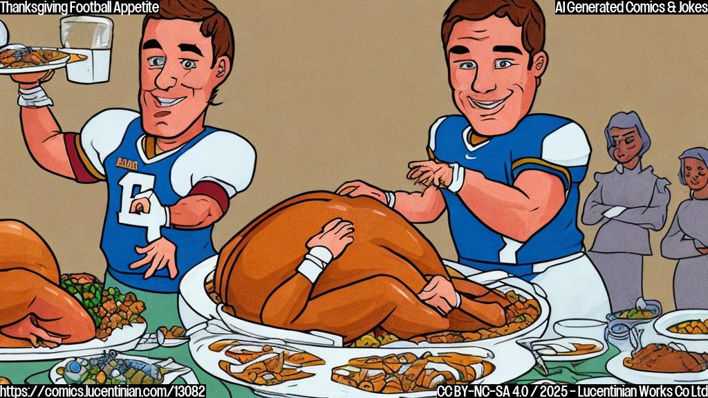 A cartoon drawing in a plain color style. A football player, wearing a helmet and jersey, is standing next to a giant Thanksgiving dinner table. He is holding a ladder and has a determined expression on his face. The table is laden with a turkey, mashed potatoes, and gravy, with the gravy boat being exceptionally large.