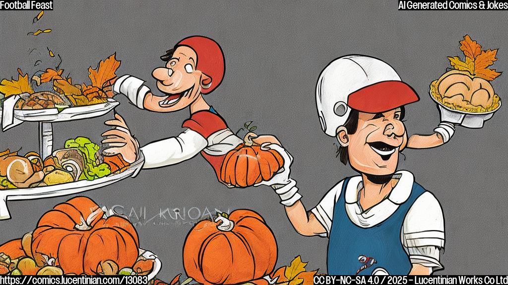 a cartoon style image of a football player with a helmet, carrying a ladder into a house filled with Thanksgiving dinner items like turkey, mashed potatoes, and pumpkin pie, all in plain colors.