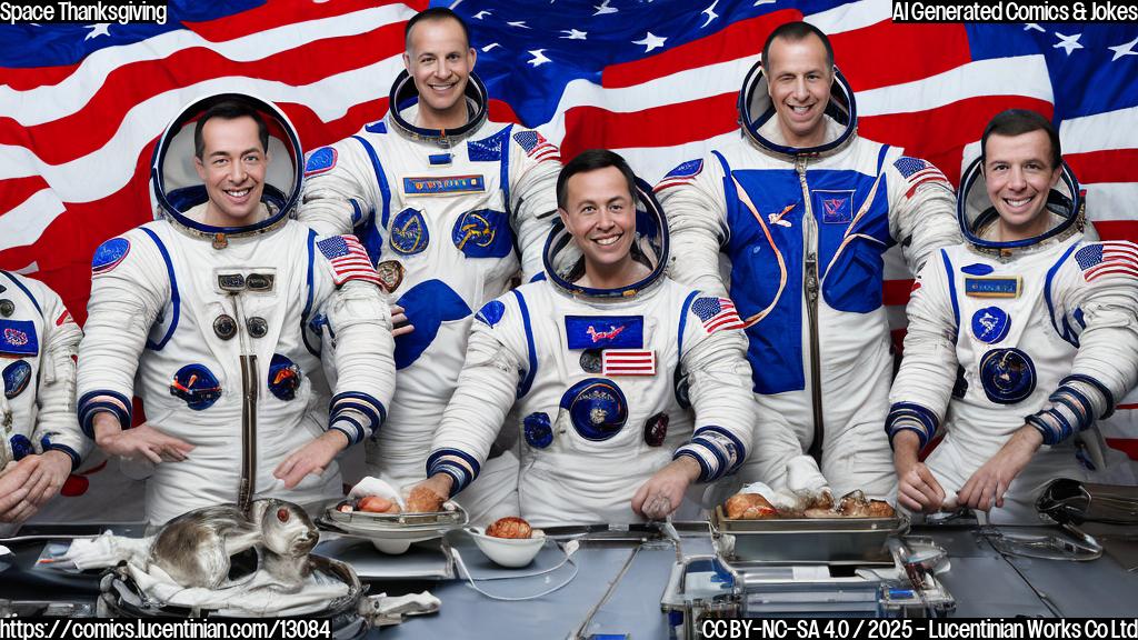 Cartoon style image of three astronauts, one in an American flag spacesuit and two in Russian flag spacesuits, floating around a table with a roast turkey in zero gravity in the International Space Station. One astronaut is holding a small ladder.