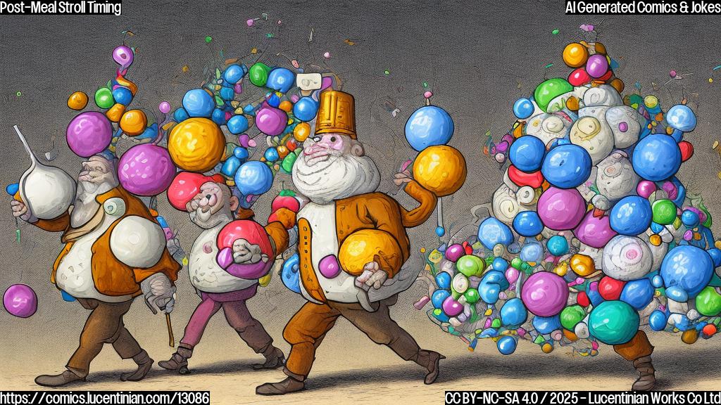 A cartoon drawing of a group of round, colorful sugar molecules sadly walking away from a large, grumpy-looking digestive system with a pilgrim hat, set against a plain, light blue background.