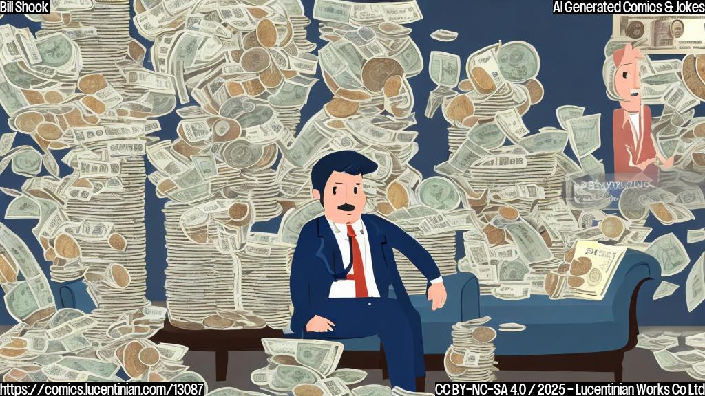 A cartoon of a person sitting on a couch, surrounded by stacks of medical bills and coins, with a confused expression. The person's body is made up of tiny dollars and cents, symbolizing the financial burden. In the background, there are faint images of health care providers and medical equipment, conveying the idea that the bill is feeling overwhelmed and stressed.