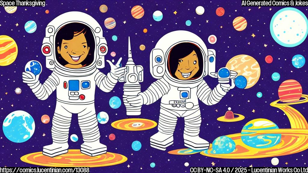 cartoon style, a happy astronaut in a spacesuit holding a jar of cranberry sauce, floating in a space station with planets visible outside the window. Background is a simple plain color.