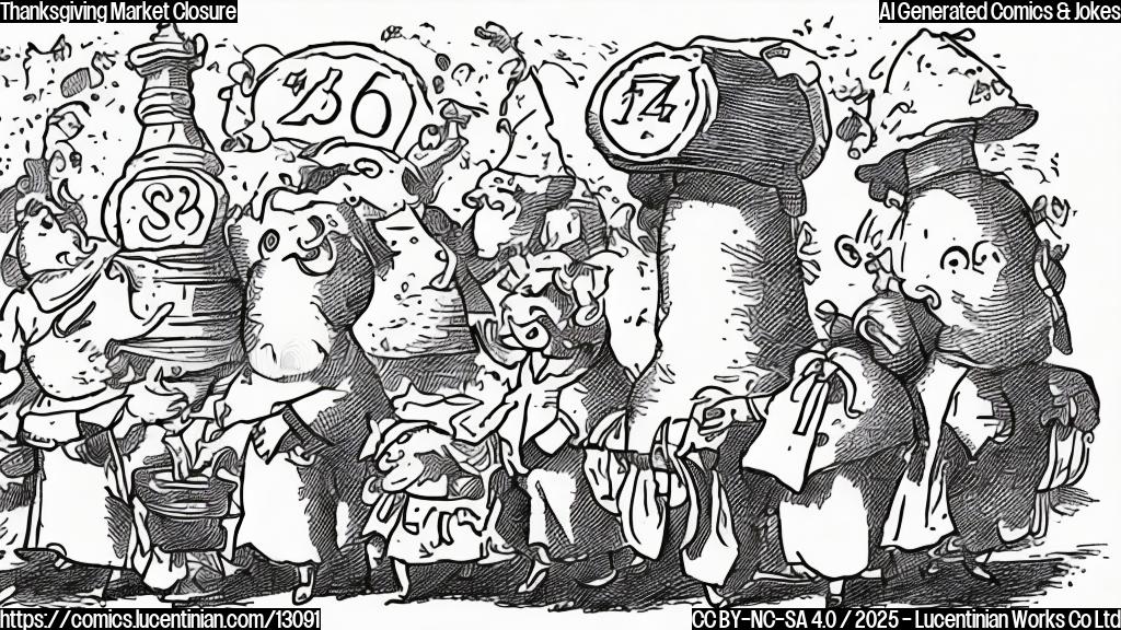 Cartoon illustration of a stock market graph sleeping soundly under a large pilgrim hat, with small turkey characters running around frantically holding "SELL" signs. The background is a plain light yellow.