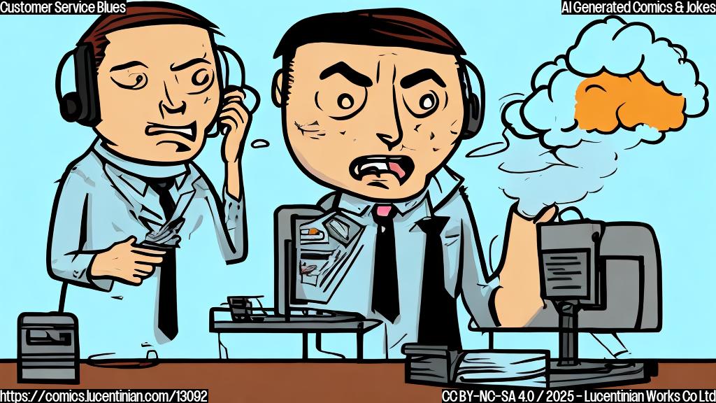 A plain color cartoon style picture depicting an angry customer with steam coming out of their ears, facing a small, apologetic customer service representative behind a large desk with a broken product on it. The background is a solid, light blue color.