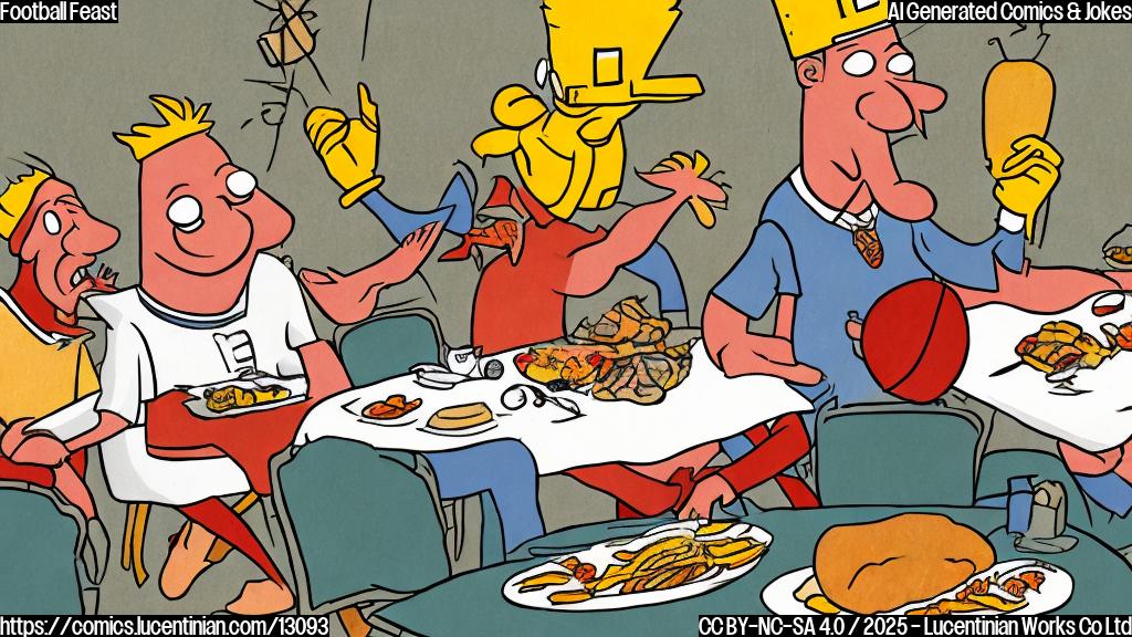 a cartoon illustration of a football player holding a ladder near a dinner table laden with Thanksgiving food