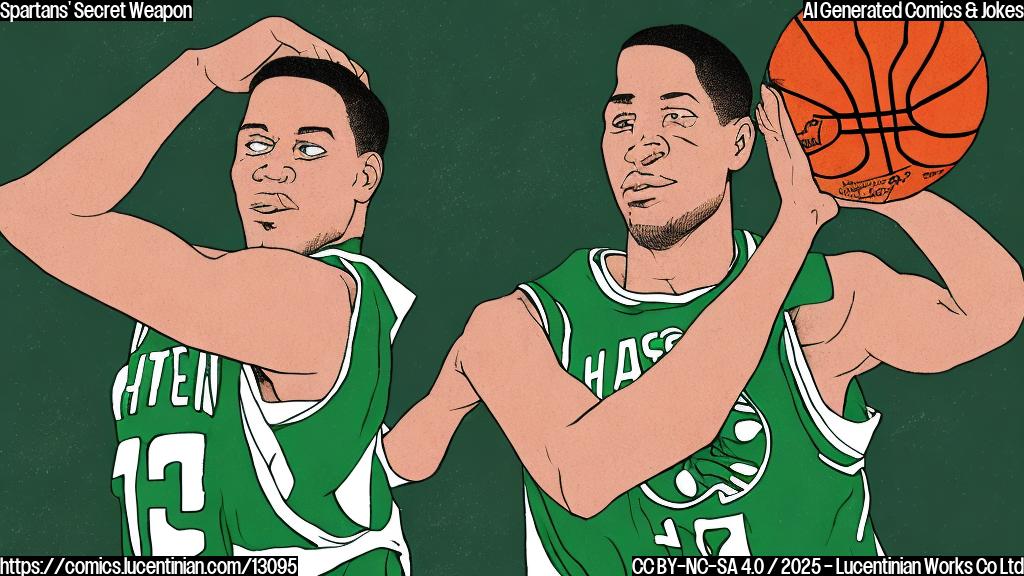 Cartoon drawing of a basketball player with a determined expression, wearing a green and white jersey, holding a basketball in one hand and a 'Hall Pass' in the other. The background is a basketball court. The style is plain color, cartoon style.