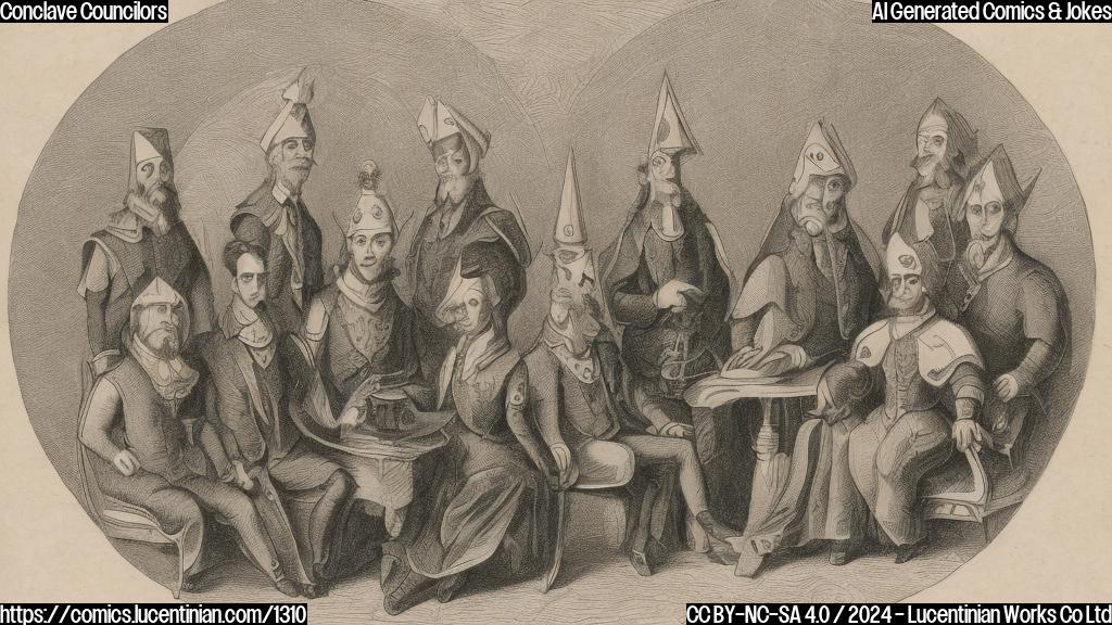 Draw a cartoon image of a small, serious-looking group of five people wearing formal attire and sitting in a circle. Each person has a bishop's mitre on their head. The background is a light gray or beige color with a subtle texture resembling old parchment or stone walls.