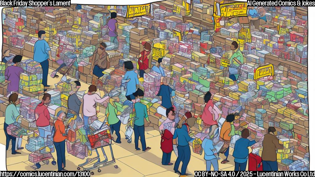 a cartoon illustration of a crowded store aisle during a Black Friday sale. Shoppers with shopping carts overflowing with goods are pushing and shoving. In the foreground, a frustrated person is holding a very long receipt, looking bewildered. The overall color scheme is bright and chaotic, with sale signs and promotional banners everywhere.
