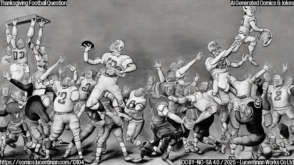 Cartoon drawing of a football coach with a whistle around his neck carrying a tall ladder towards a Thanksgiving dinner table laden with food. The quarterback, wearing a football uniform, is jumping and reaching towards a plate of turkey on the table. The background is a warmly lit dining room. Use plain colors and a simple art style.