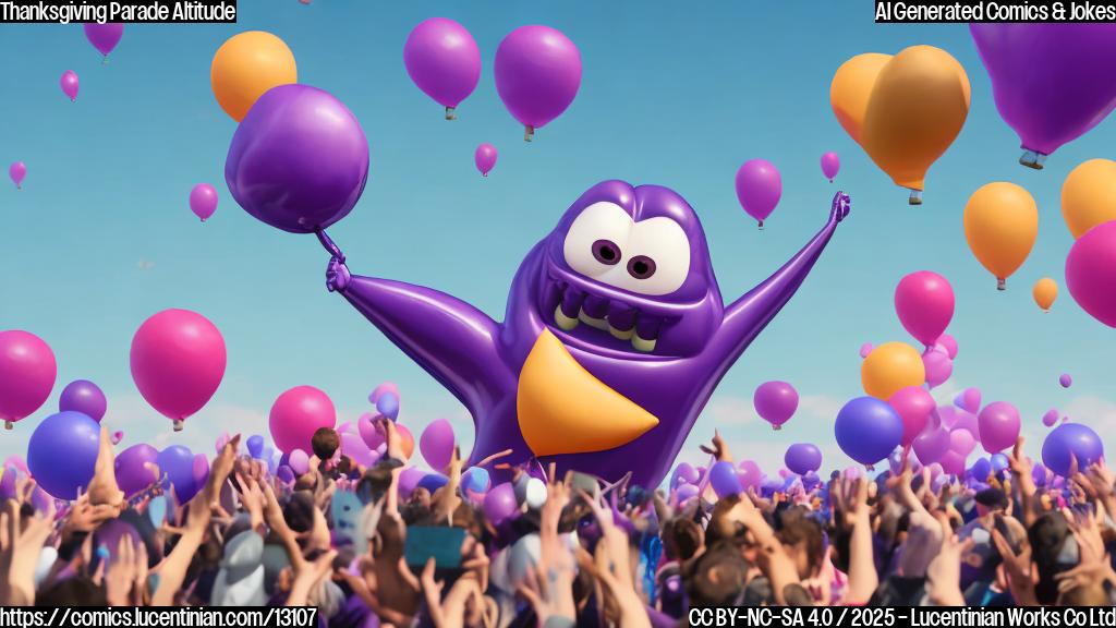 A giant cartoon balloon character, shaped like a friendly purple monster with big eyes and a wide smile, floating above a crowd of tiny, cheering people holding flags. The background is a plain light blue sky. Cartoon style.