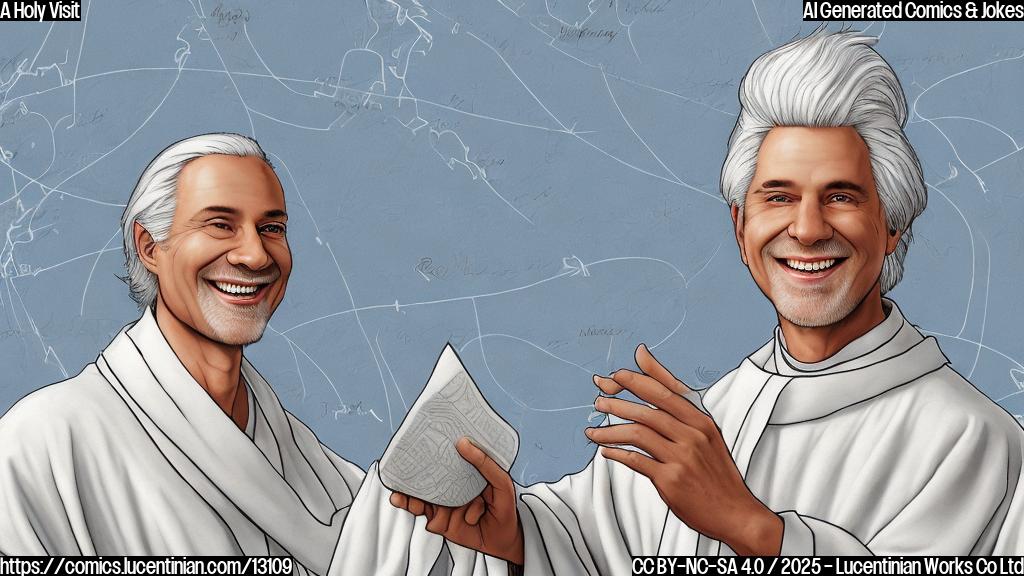 A simple cartoon of a smiling religious leader with white hair and a long white robe holding a large, unfolded map. The background is a plain light blue.