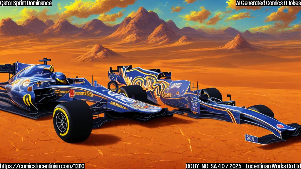 A cartoon style Formula 1 car speeding across a sandy desert landscape under a bright sun. The car is stylized with exaggerated features and vibrant colors, leaving a trail of dust in its wake. The background features generic desert plants and dunes.