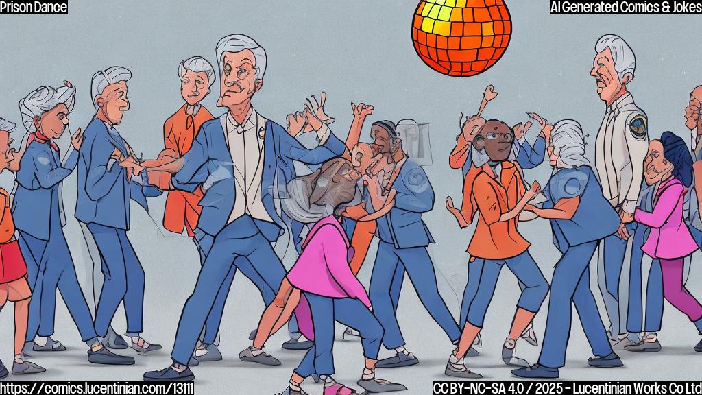 Cartoon illustration of a warden, a man with grey hair, wearing a blue suit with a concerned expression, looking at a group of smiling inmates dressed in simple clothing dancing with young girls in colorful dresses. The background shows the grey walls of a prison with a single disco ball hanging from the ceiling.