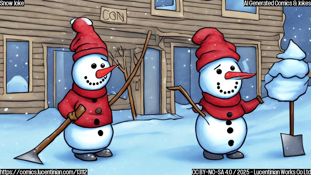plain color cartoon style image of a sad snowman with a shovel in his hand, standing in front of a building with a sign that says "CLOSED"