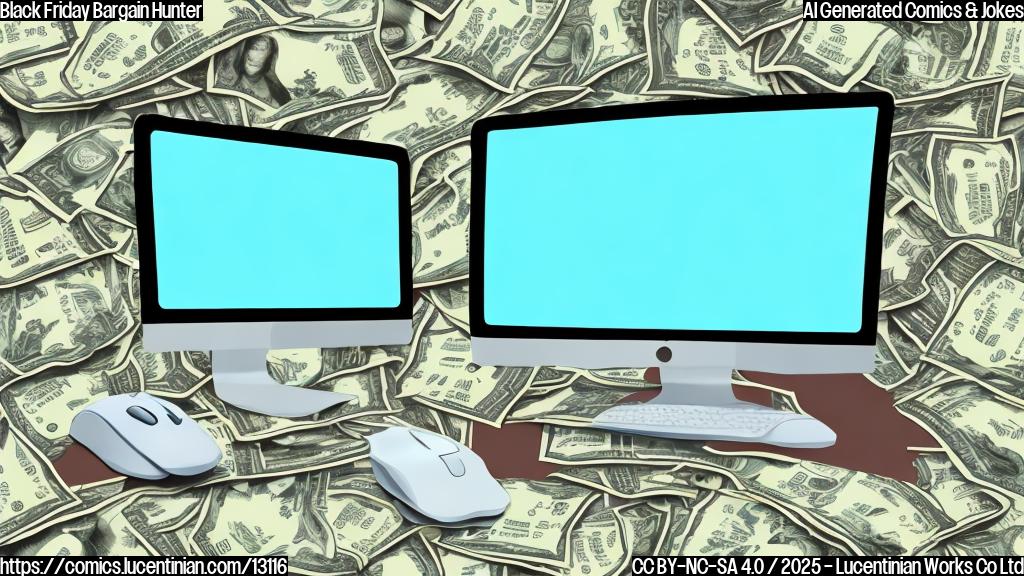 A cartoon drawing of a generic desktop computer with a monitor, keyboard, and mouse, joyfully running with dollar signs floating around it. The background is a plain light blue.