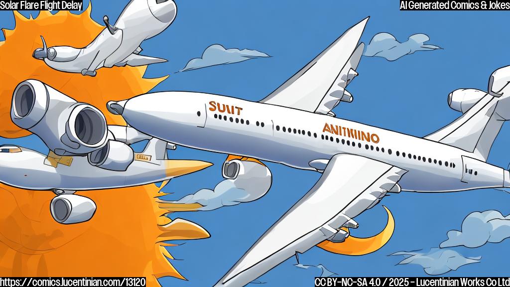 A cartoon style image depicting a generic airplane with a worried expression. Above it, a simplified sun with a mischievous grin is emitting rays. The airplane is sweating and holding a bottle of 'Sunblock 5000' in its wing. The background is a plain light blue sky.