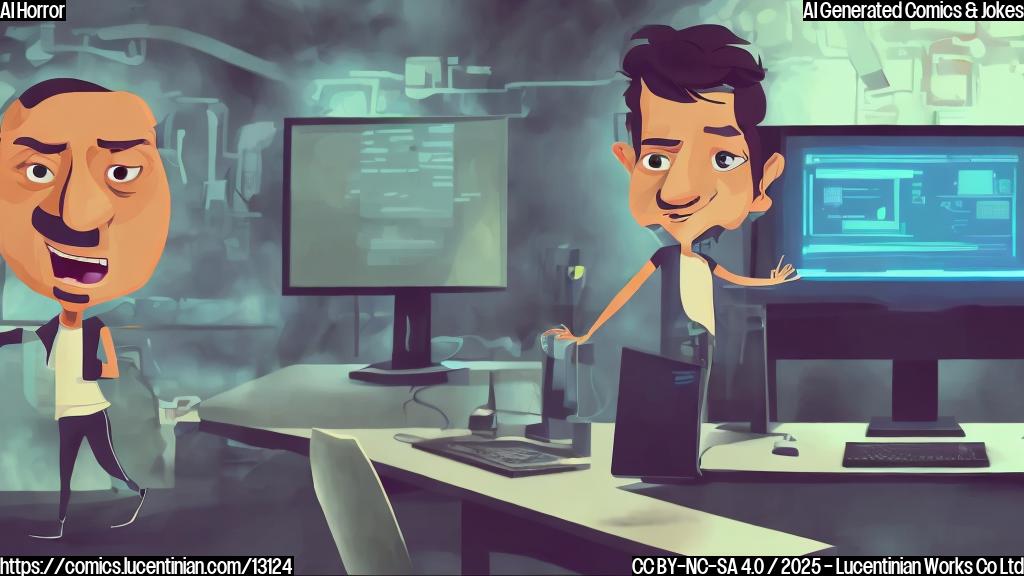 A terrified cartoon actor with wide eyes and a sweat drop, standing in front of a large, smiling computer monitor displaying code. The background is dark and ominous. The art style is simple and plain color.
