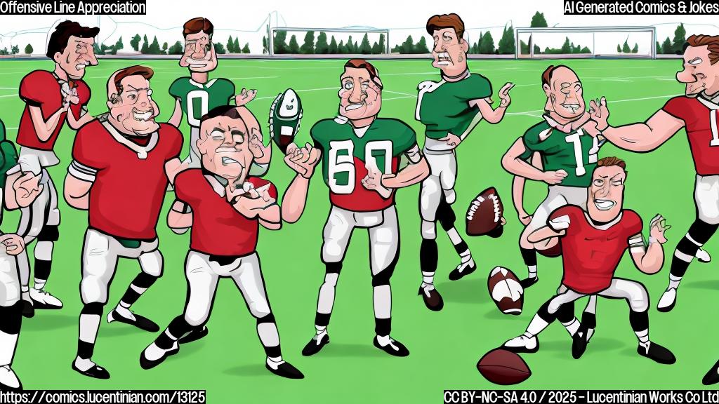 Cartoon image of a football coach with a whistle around his neck enthusiastically clapping his hands while looking at five burly, smiling football players in jerseys and helmets. The background is a plain green field with simple white yard lines. The style is simple, colorful, and reminiscent of a newspaper comic strip.