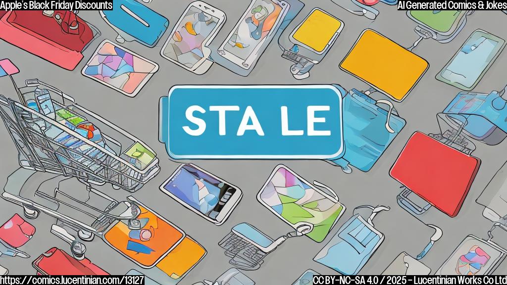 A simple, plain color cartoon illustration depicting a shopping cart overflowing with various generic, rounded electronic devices (like tablets, earbuds, and a small boxy device). A large "SALE" tag is prominently displayed on the shopping cart. The color scheme should be bright and cheerful, with a solid light blue background.