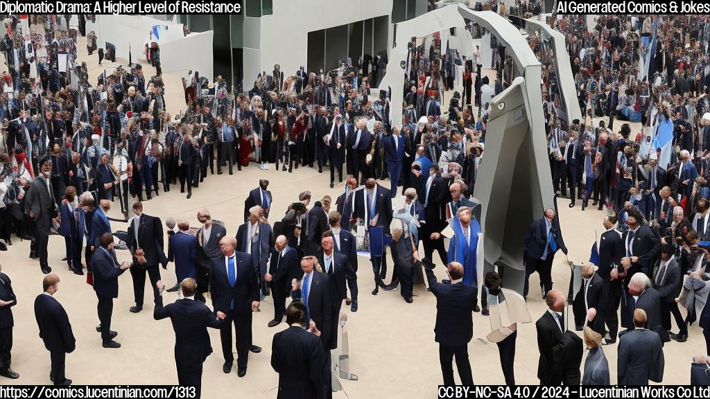 A group of diplomats, including one who is seen as a strong ally of Donald Trump, are resistant to a joint statement at the G20 meeting. The diplomat is shown standing on a ladder, looking out over the crowd with a determined expression.