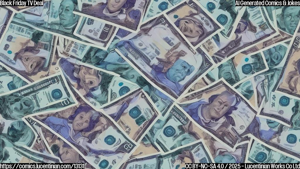 Cartoon style, plain light blue background, a large flat screen TV with a sad face, dollar signs raining down.