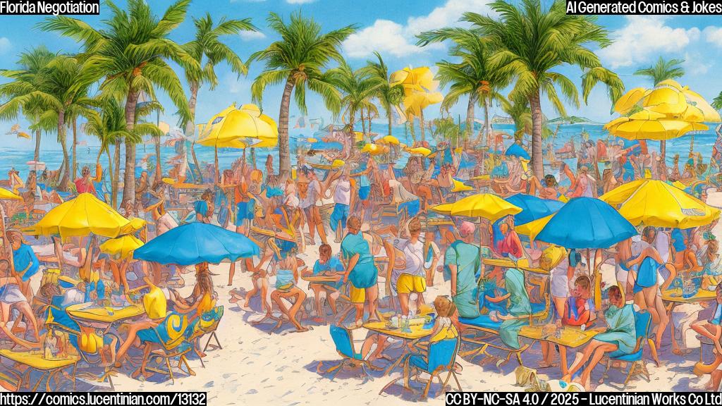 Cartoon image of a sunny Florida beach scene. In the middle, a table with two groups of people sitting opposite each other. One group is dressed in simple, neutral colors and the other group is dressed in blue and yellow. One person from the first group is holding a comically large ladder. The overall style is bright, simple, and cartoonish, with a focus on the humor of the ladder.