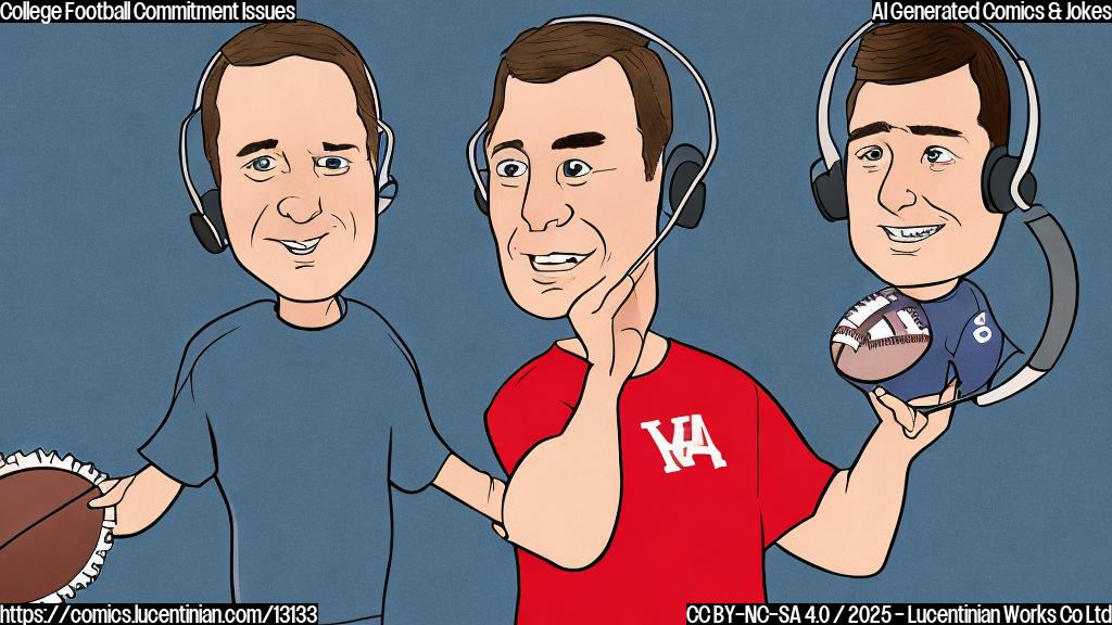 Cartoon drawing, plain background, a football coach wearing a headset, looking shifty-eyed while juggling two college football helmets with different team colors.