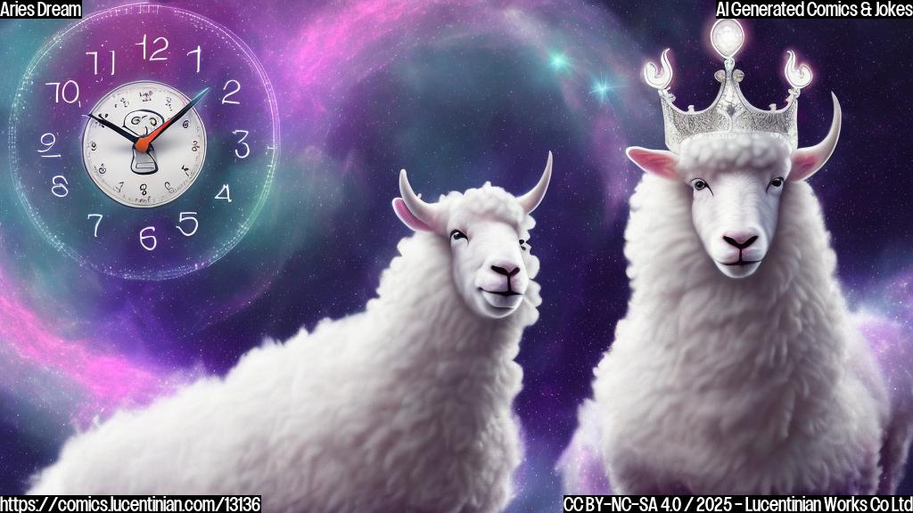 A cartoon drawing of a fluffy white sheep with large, spiraling horns, wearing a small crown, eyes wide with worry, looking at a digital clock showing a future date. Background is a swirling galaxy of pastel colors.