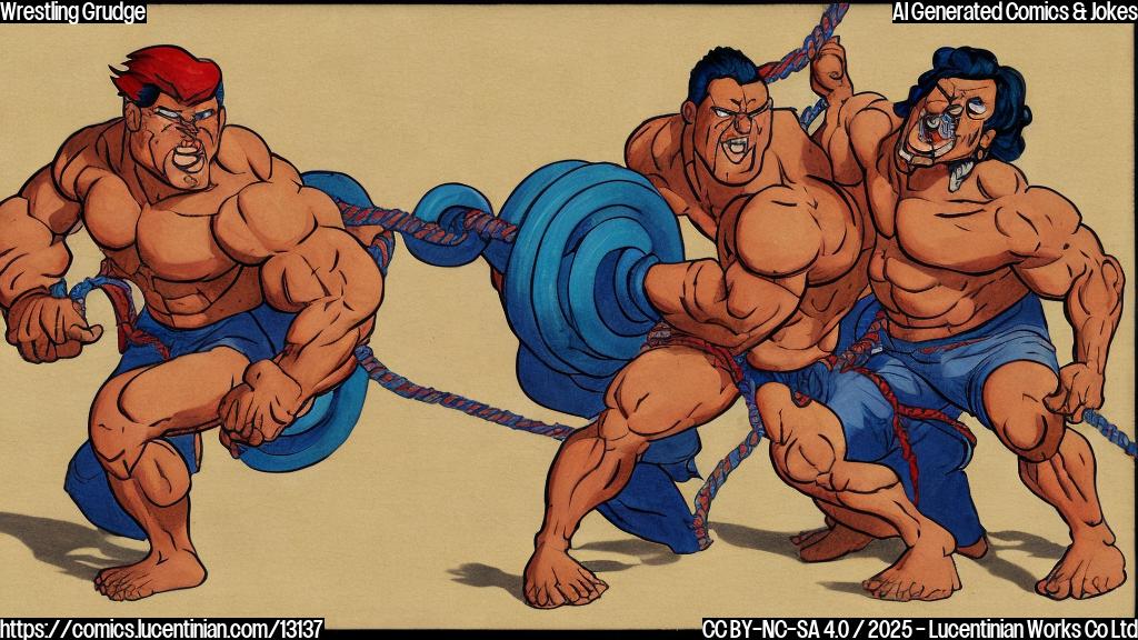 A cartoon image of two muscular wrestlers with angry expressions, pulling a rope in opposite directions. The background is a simple gradient of red and blue. The style is clean, with bold outlines and flat colors, resembling a children's book illustration.