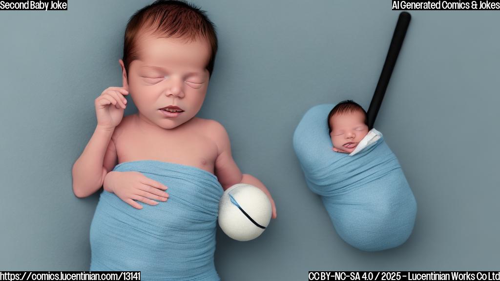A simple, cartoon-style image of a newborn baby wearing a diaper and holding an oversized baseball bat. The background is a plain light blue.