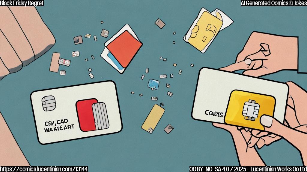 A plain color cartoon style picture showing a sad credit card lying on a therapist's couch. The credit card has a tear rolling down its corner. The therapist is a wise-looking wallet with spectacles.