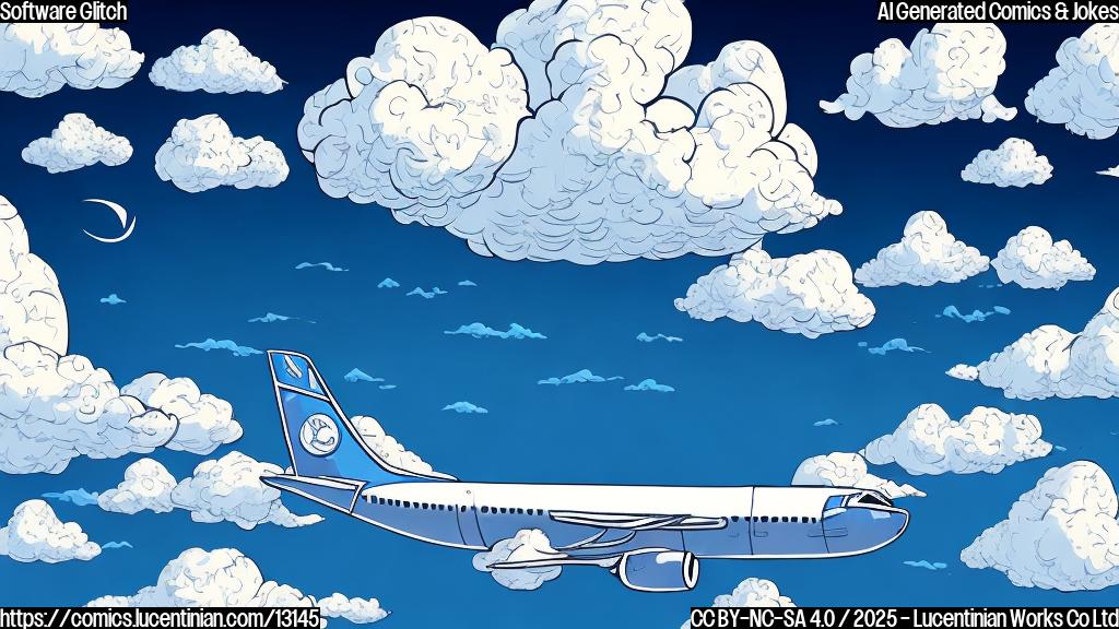 Cartoon illustration of a blue airplane with a worried expression on its face, floating above fluffy white clouds. The sky is a bright blue color. The style is simple and flat.