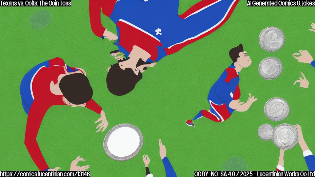 A flat, plain cartoon style image depicting a green football field. In the center of the field, a large, shiny silver coin is being flipped into the air. Two stylized football players, one in predominantly dark blue uniform and the other in red uniform, are looking up at the coin with anticipation. The background is a simple blue sky.