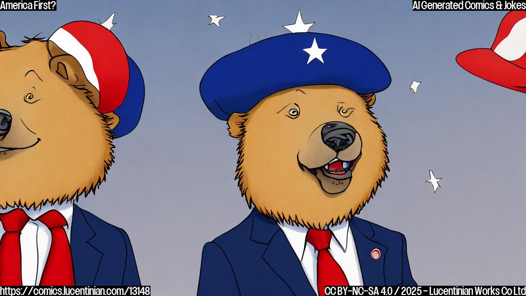 Cartoon image. A confused looking politician with a red tie and blue suit, scratching his head. He's holding two hats: one with the American flag on it, and one shaped like a brown bear wearing a Russian hat (ushanka). The background is a simple, plain light blue.