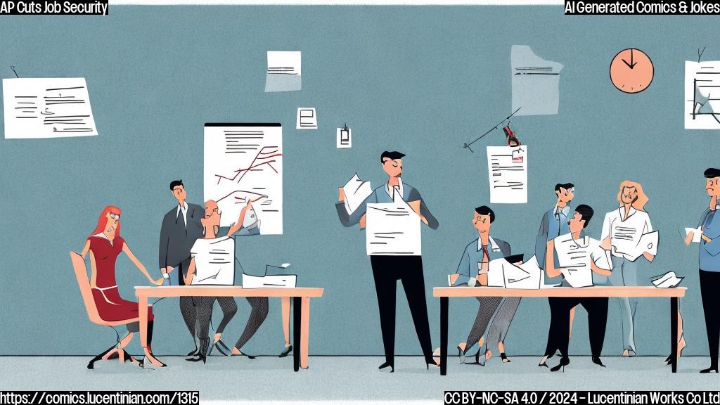 Draw a cartoon style illustration of an office with a few employees looking worried and one employee standing in front of a whiteboard with a graph showing a decrease in staff numbers, while the editor is seen in the background smiling and holding a pen, surrounded by papers and notes.