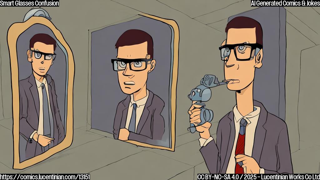 A plain color cartoon style image of a confused man wearing smart glasses, looking in a mirror with a puzzled expression. The background is a simple room.