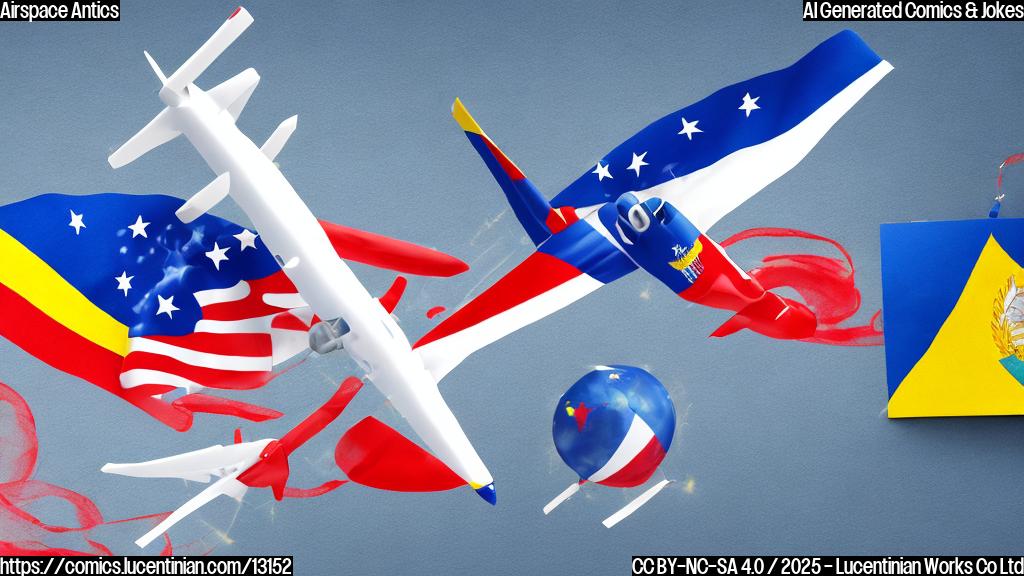 A cartoon depiction of a Venezuelan flag defiantly standing against a stylized, miniature airplane labeled "USA," with dashed lines representing airspace above. The background is a plain light blue.