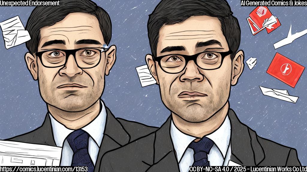 A cartoon-style image showing a political analyst, depicted as a person with glasses and a notepad, holding a ladder and looking upwards with a confused expression. The background is a simplified representation of a polling station with ballot boxes. The color palette is limited to plain, bright colors.