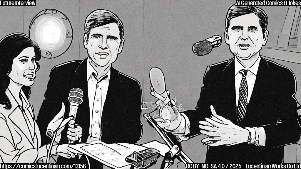 A cartoon drawing of a female reporter with brown hair holding a microphone, interviewing a male politician with gray hair wearing a suit. Behind them is a futuristic-looking time machine with glowing lights. The background is a simple blue gradient.